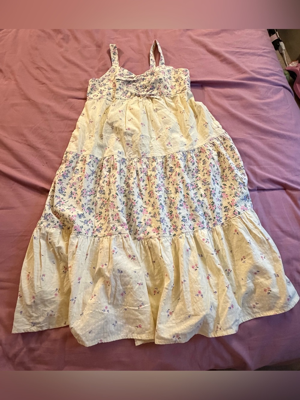 Floral Tiered Sundress for Girls - yellow with Pink & Blue Flowers